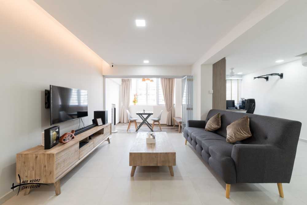 Scandinavian Living Room with Homogeneous Tiles and Cove Lighting