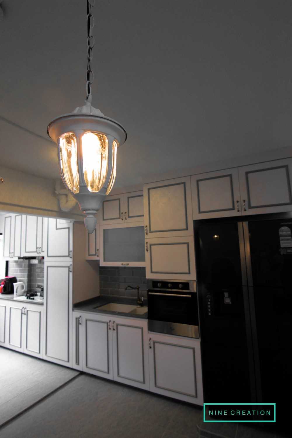 Vintage Dining Room with Kitchen Cabinets and Lighting