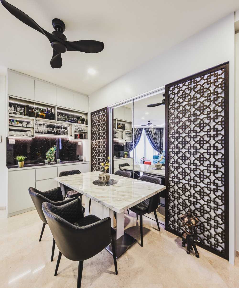 Transitional Dining Room with Mirror and Bar Counter