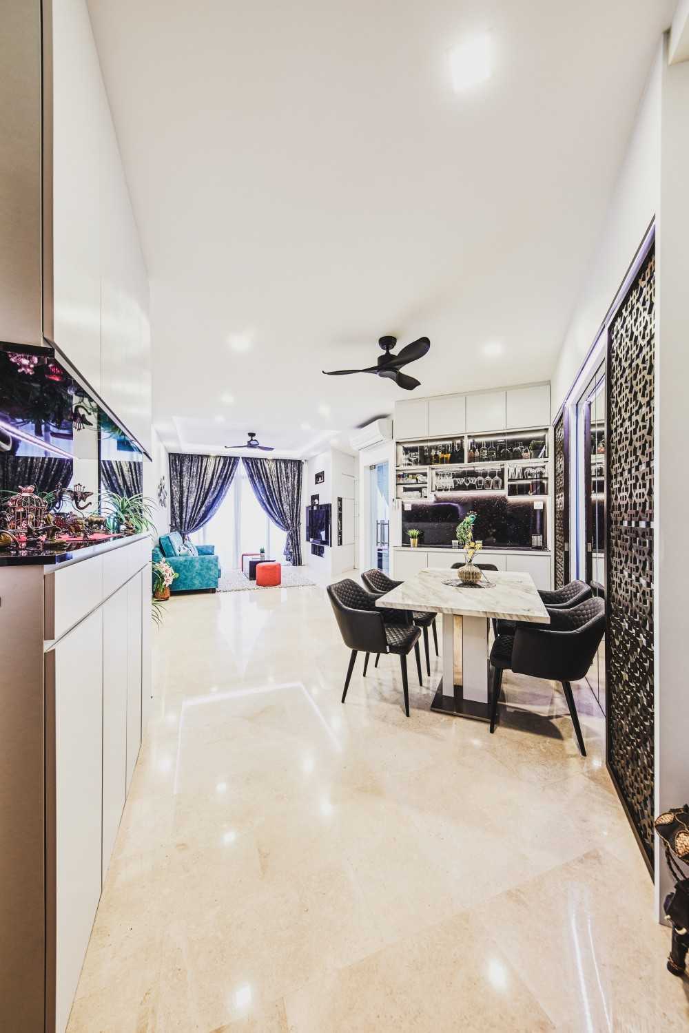 Transitional Living Room with Marble Floor and Feature Wall