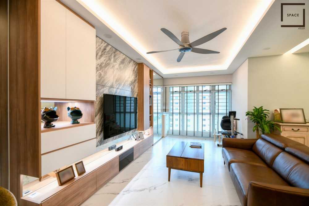 Contemporary Living Room with Homogeneous Tiles and TV Console