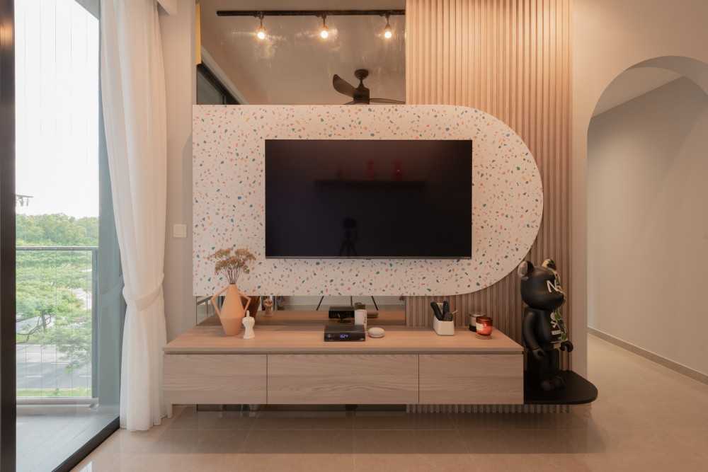 Eclectic Living Room with TV Console and Feature Wall