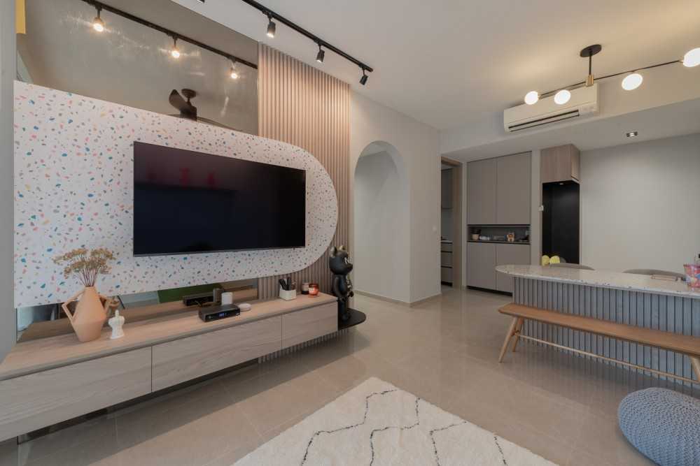 Eclectic Living Room with TV Console and Feature Wall