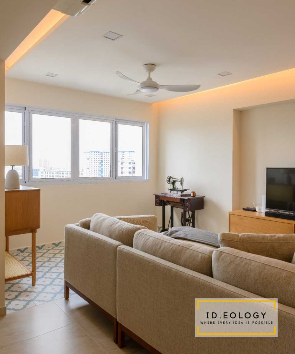 Minimalist Living Room with Parquet Floor and Cement Floor