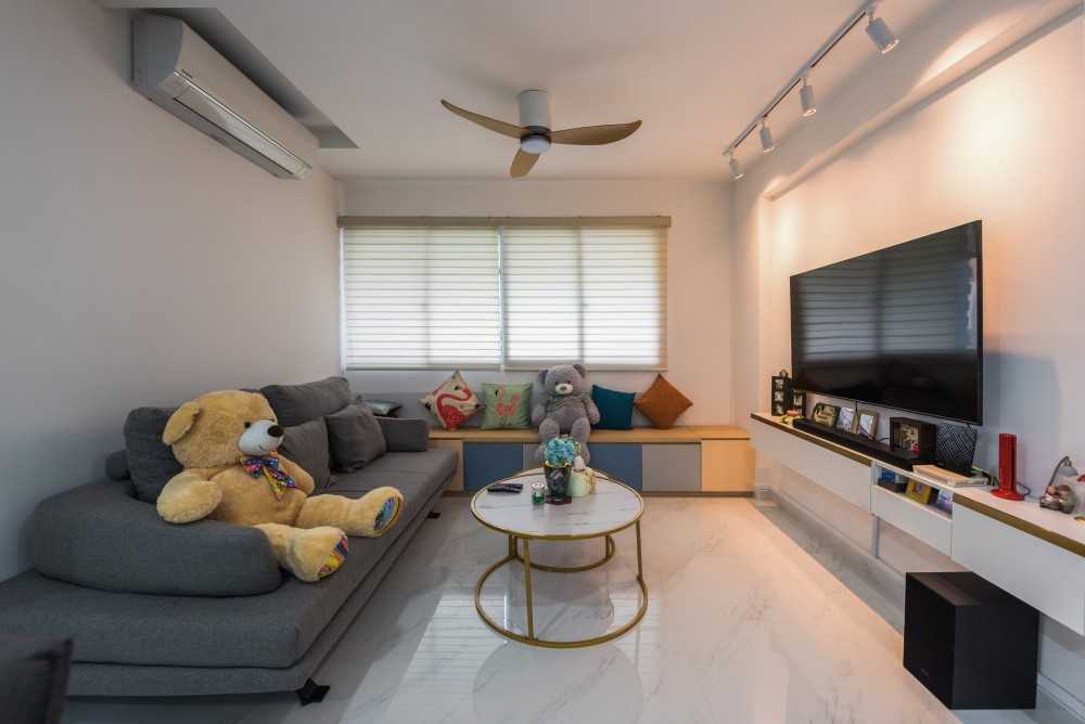 Modern Living Room with Homogeneous Tiles and TV Console