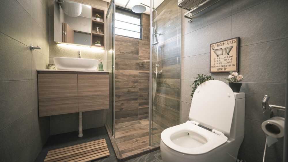 Scandinavian Bathroom with Countertop and Herringbone Tiling