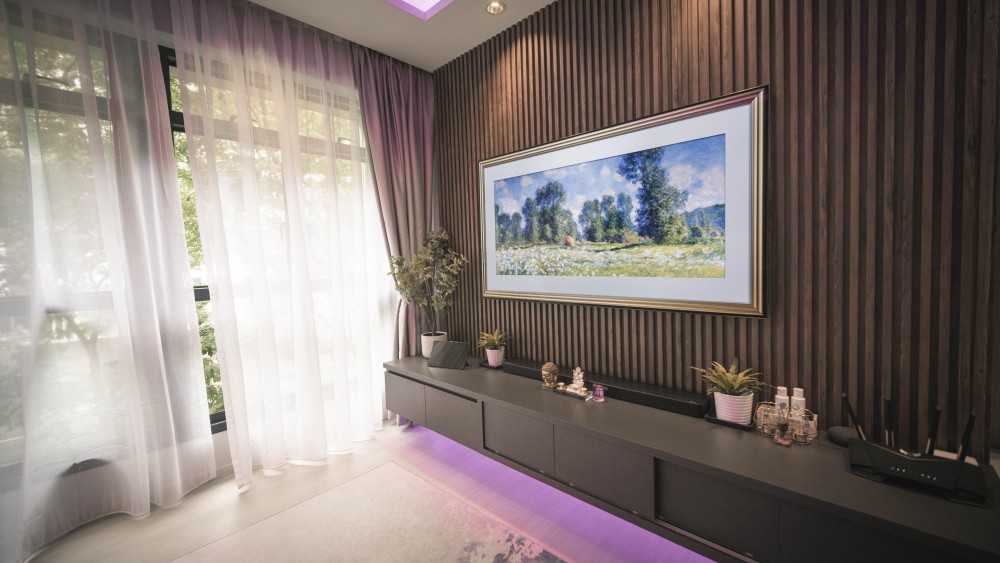 Scandinavian Living Room with Vinyl Flooring and TV Console