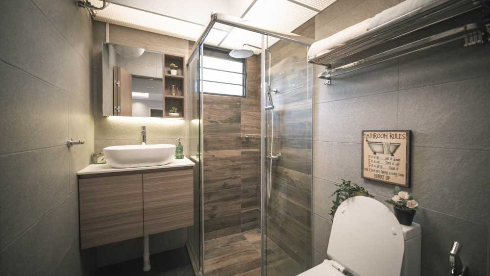 Scandinavian Bathroom with Countertop and Herringbone Tiling