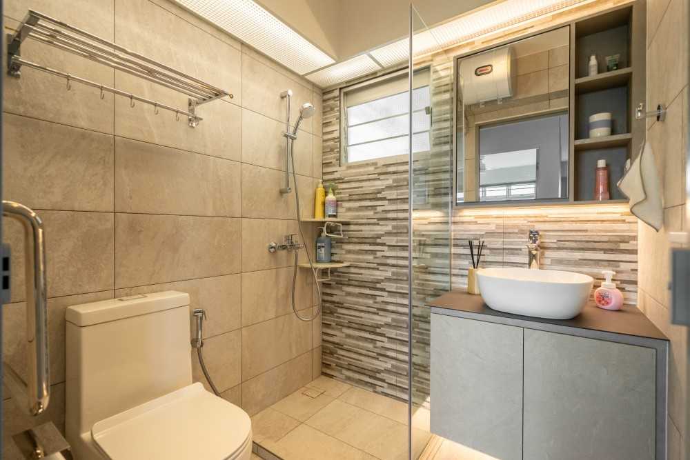 Industrial Bathroom with Wood Flooring and Mirror