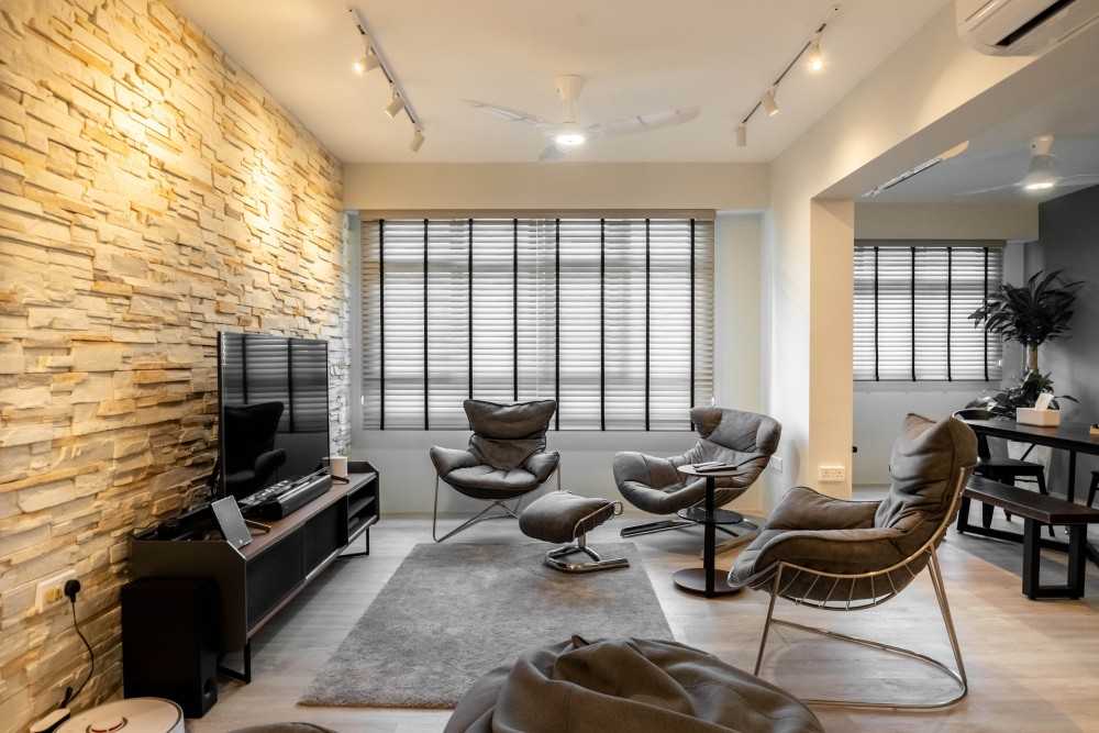 Industrial Living Room with TV Console and Feature Wall