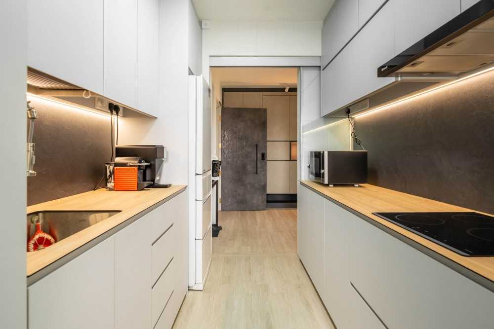Industrial Kitchen with Vinyl Flooring and Kitchen Window