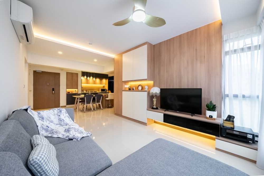 Scandinavian Living Room with TV Console and Feature Wall