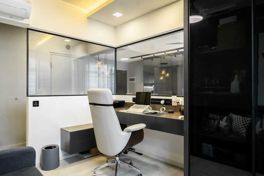 Modern Home Office with Bookshelf and Storage Cabinets