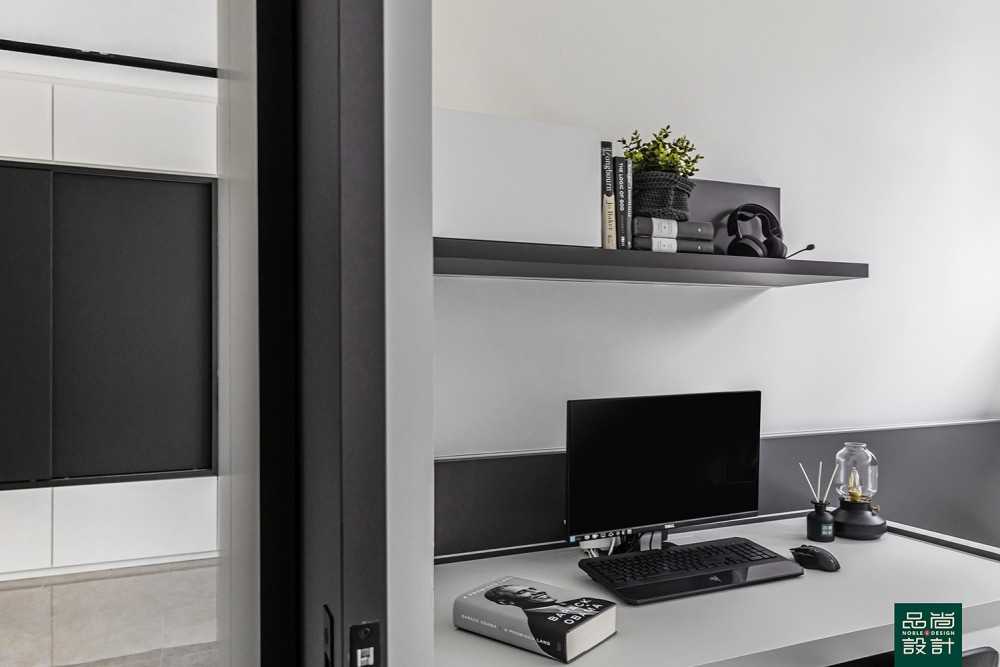 Modern Bedroom with Bookshelf and Feature Wall