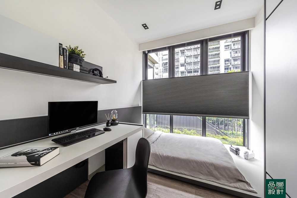 Modern Bedroom with Bookshelf and Platform Bed