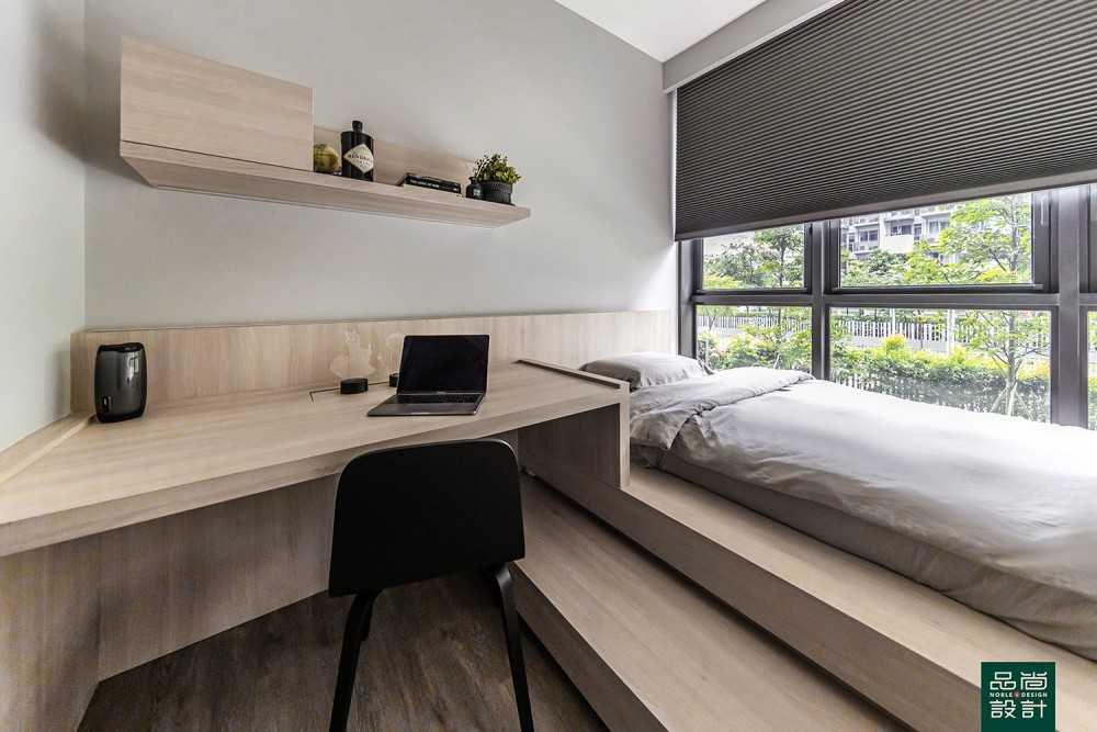 Modern Bedroom with Bookshelf and Platform Bed