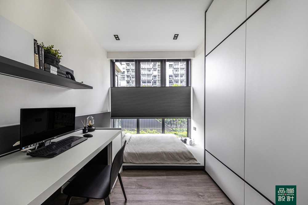 Modern Bedroom with Bookshelf and Platform Bed