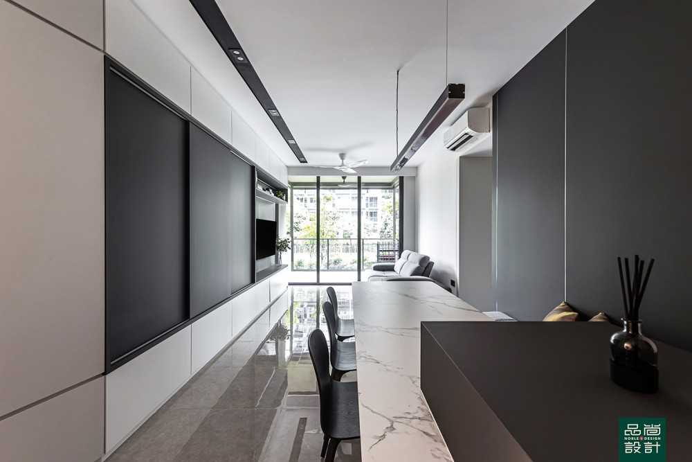 Modern Living Room with Marble Floor and Dining Table