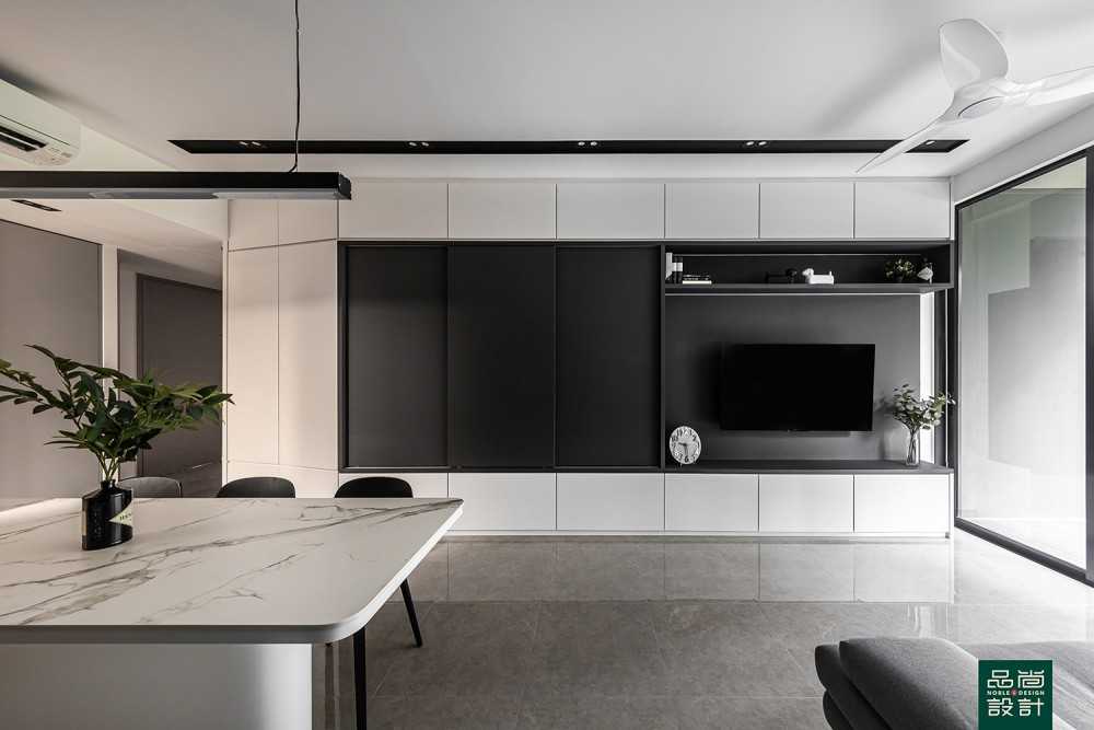 Modern Living Room with Countertop and Marble Floor
