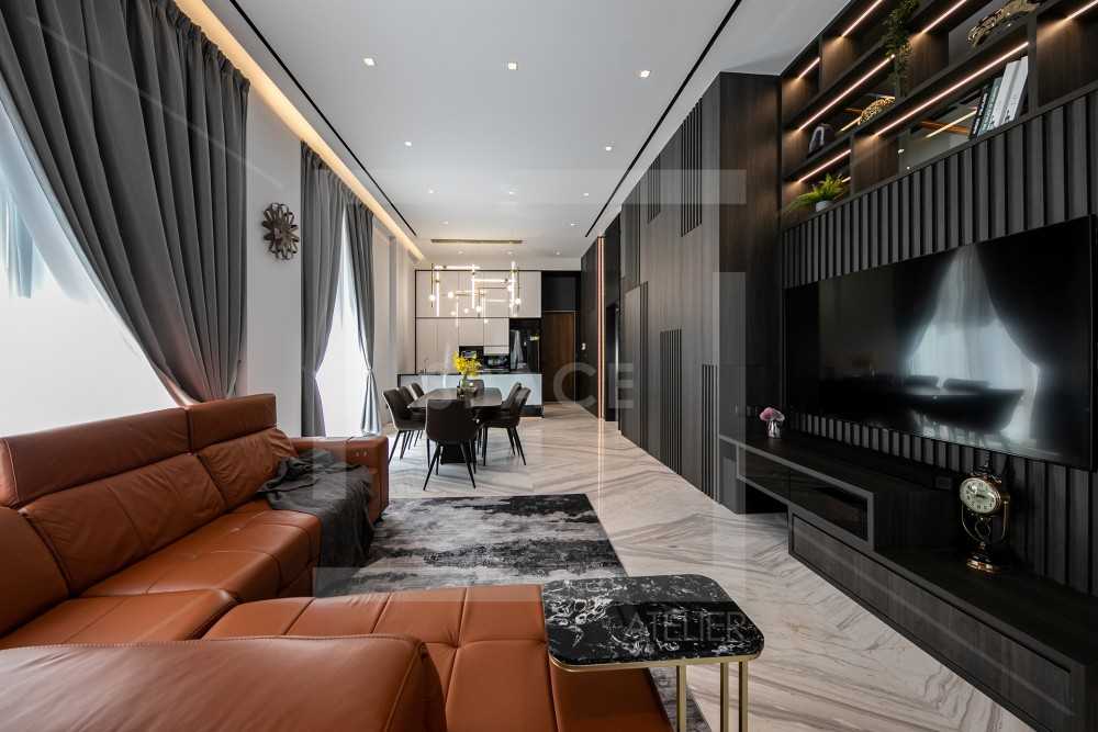 Contemporary Living Room with TV Console and Ceiling Light