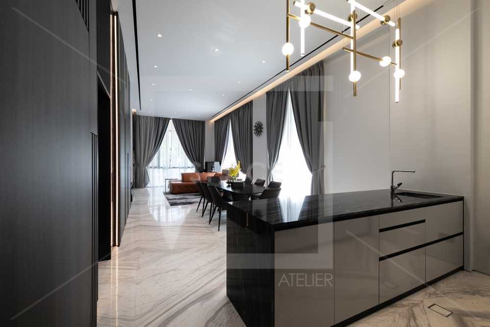 Contemporary Kitchen with TV Console and Drop Light