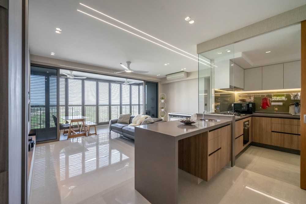 Modern Living Room with Homogeneous Tiles and TV Console