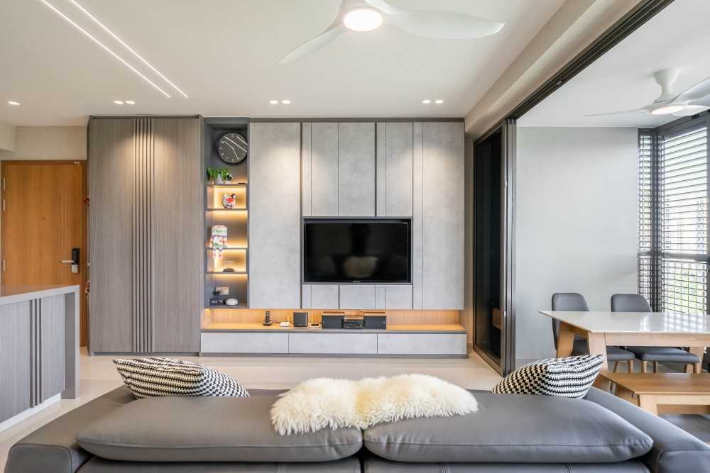 Modern Living Room with Homogeneous Tiles and TV Console