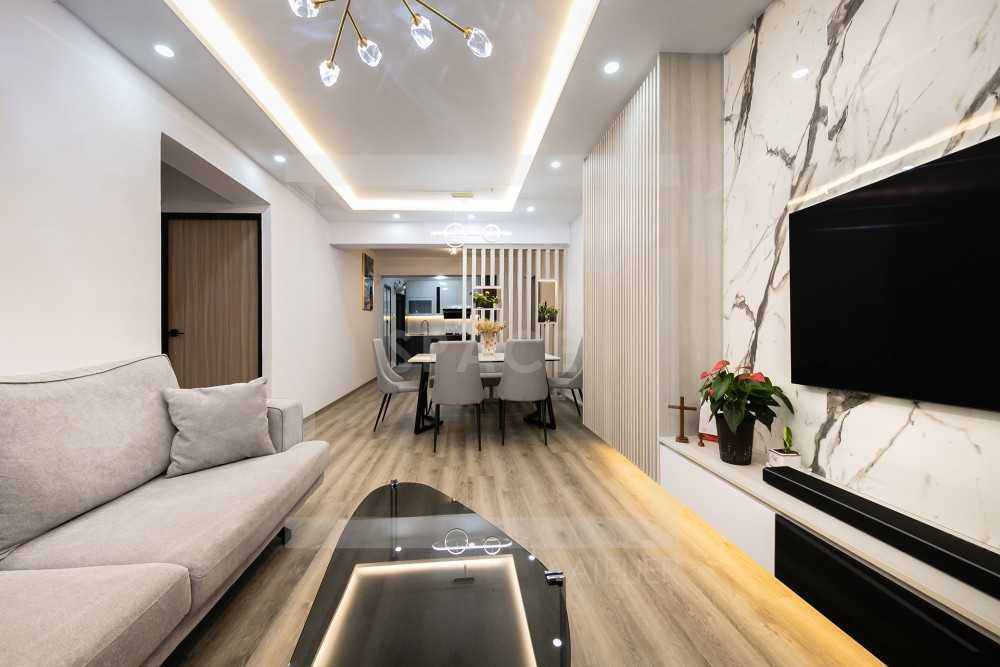 Scandinavian Living Room with TV Console and Drop Ceiling