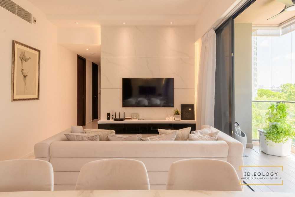 Contemporary Living Room with TV Console and Drop Light