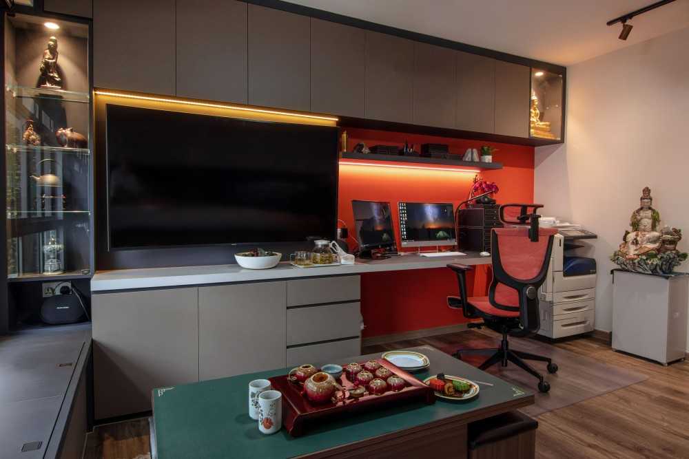 Asian Living Room with Wood Flooring and Feature Wall