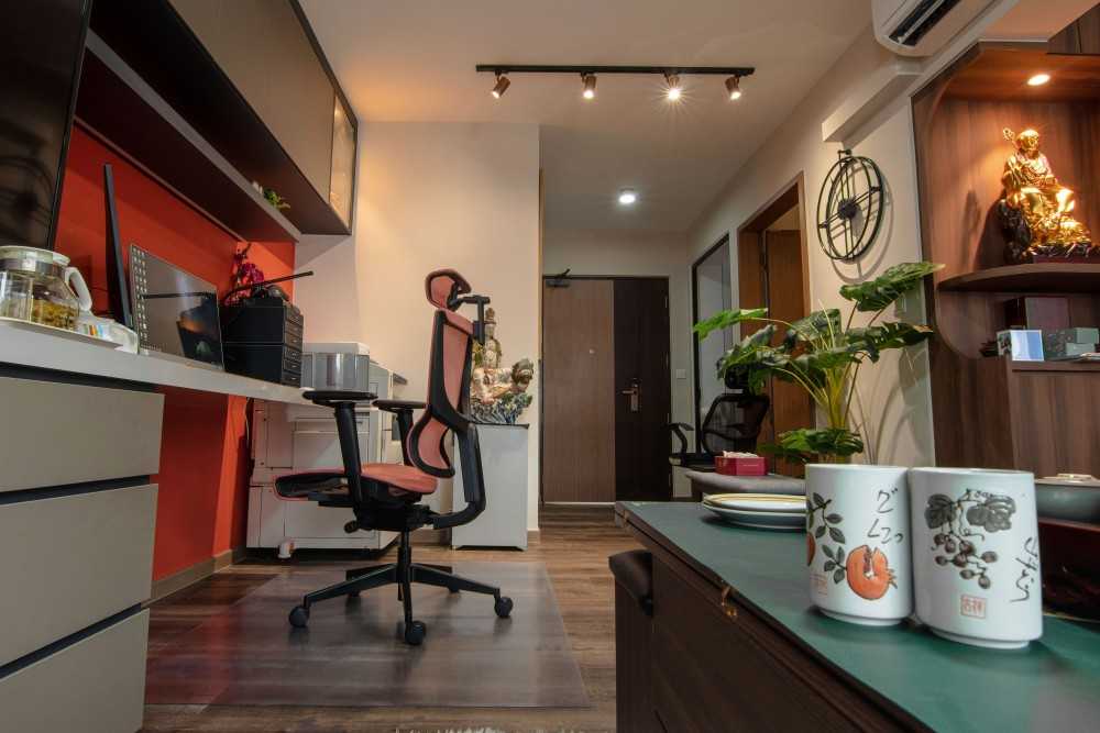 Asian Living Room with Vinyl Flooring and Feature Wall