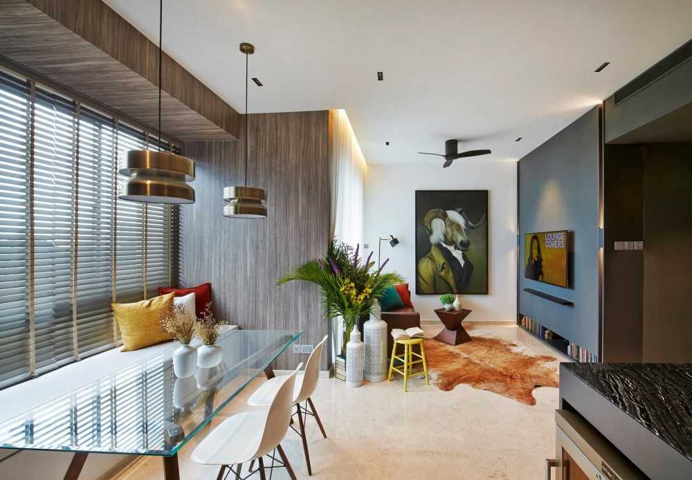 Contemporary Living Room with Countertop and Homogeneous Tiles