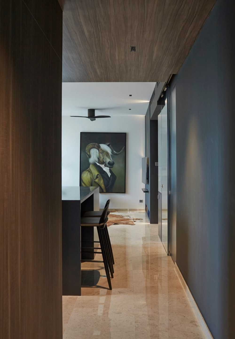 Contemporary Hallway with Artwork and Console Table
