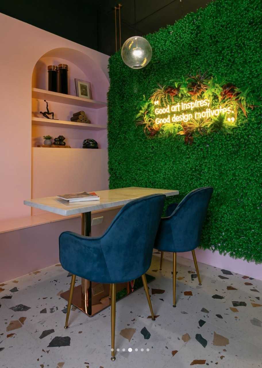 Contemporary Showroom with Seating Bench and Open Storage