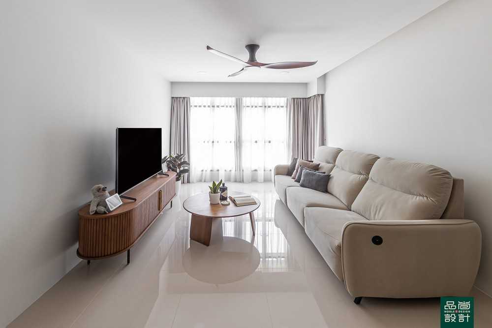 Modern Living Room with Homogeneous Tiles and Drop Ceiling