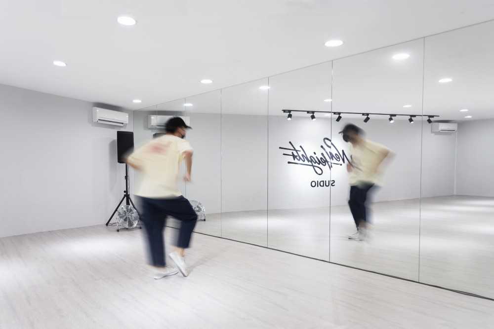 Contemporary Studio with Vinyl Flooring and Mirror