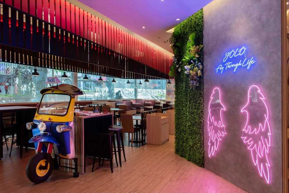 Contemporary Restaurant with Vinyl Flooring and Feature Wall