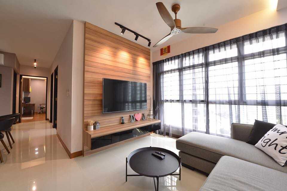 Scandinavian Living Room with Homogeneous Tiles and TV Console