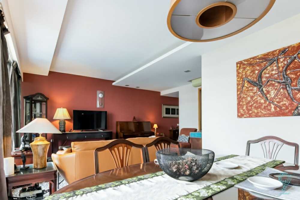 Country Dining Room with Drop Light and Sofa