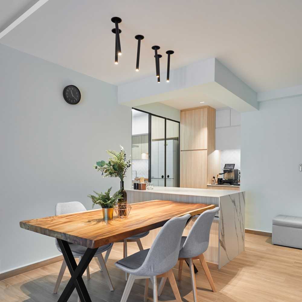Scandinavian Dining Room with Countertop and Kitchen Island
