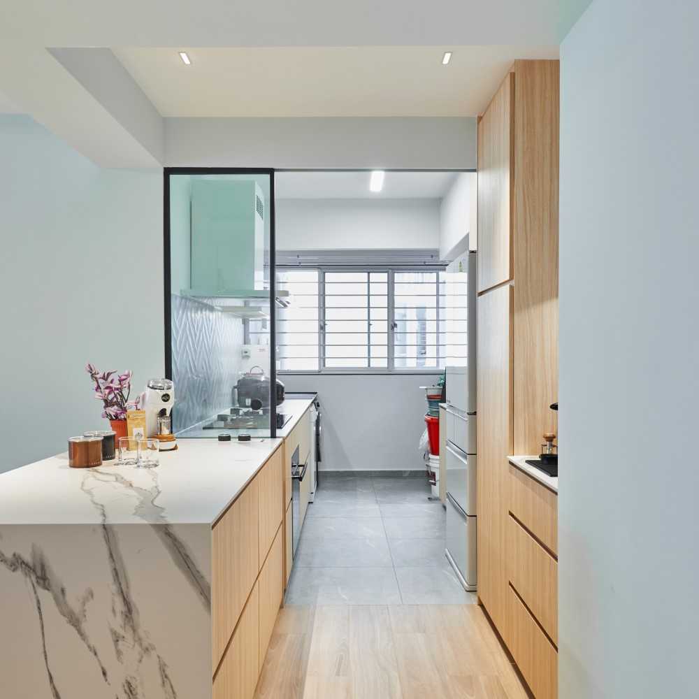 Scandinavian Kitchen with Granite Floor and Wood Flooring