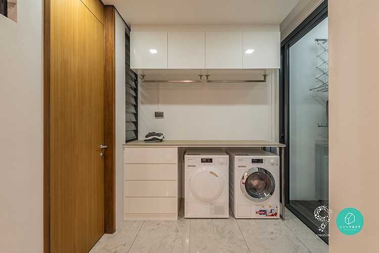Eclectic Pantry with Kitchen Island and Washing Machine