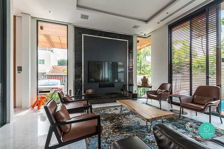 Eclectic Living Room with Feature Wall and Cove Lighting