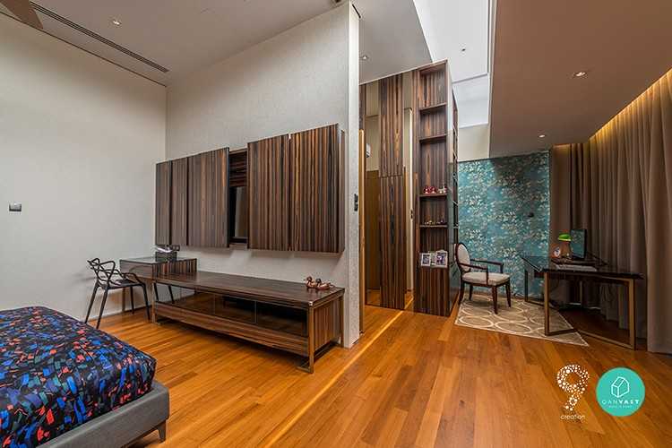 Eclectic Bedroom with Parquet Floor and Wood Flooring
