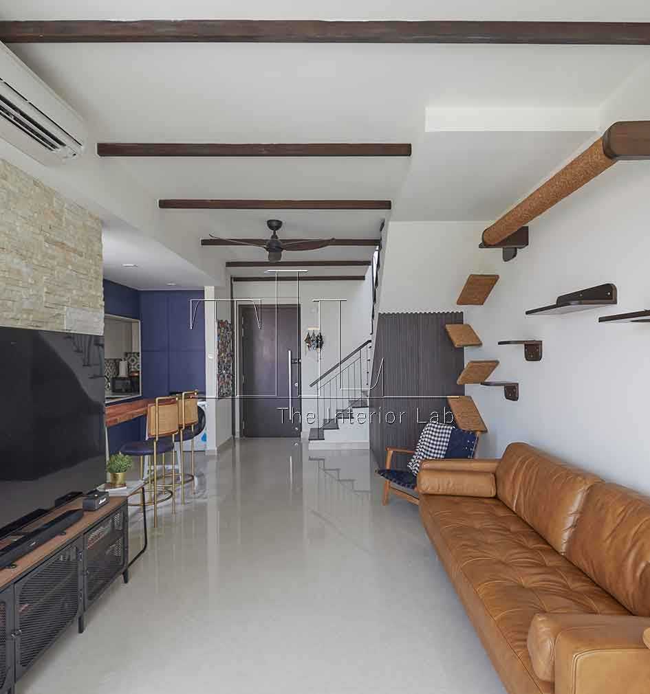 Contemporary Living Room with Staircase and Ceiling Fan