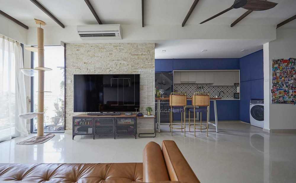 Contemporary Living Room with Kitchen Island and Ceiling Fan