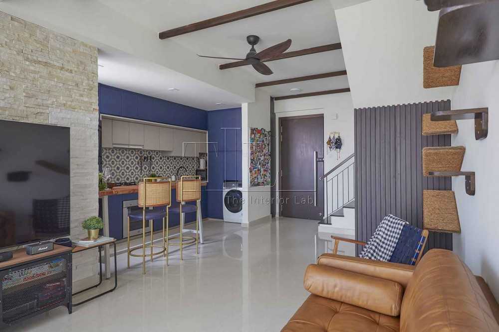 Contemporary Living Room with Kitchen Island and Staircase
