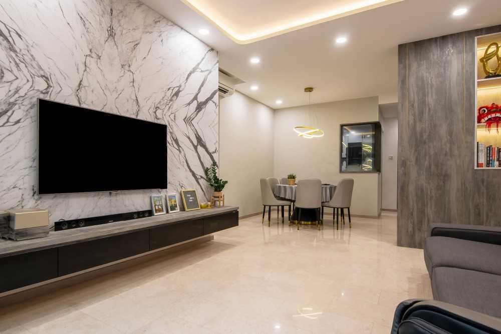Modern Living Room with TV Console and Ceiling Light