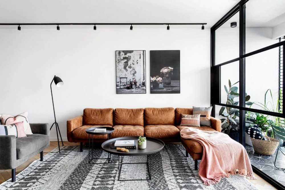 Contemporary Living Room with Herringbone Tiling and Sofa