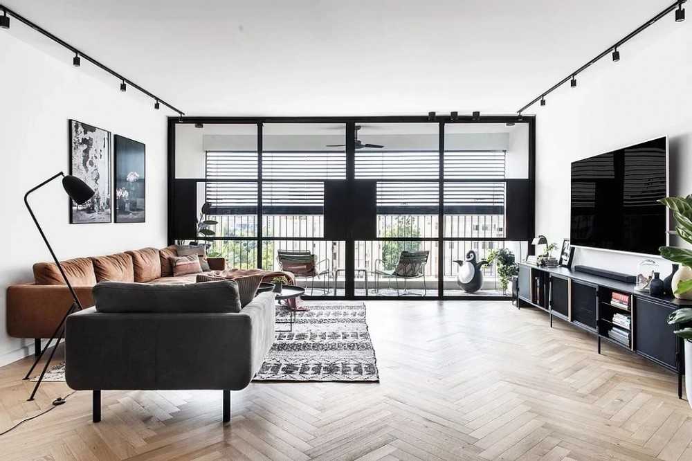 Contemporary Living Room with Herringbone Tiling and TV Console